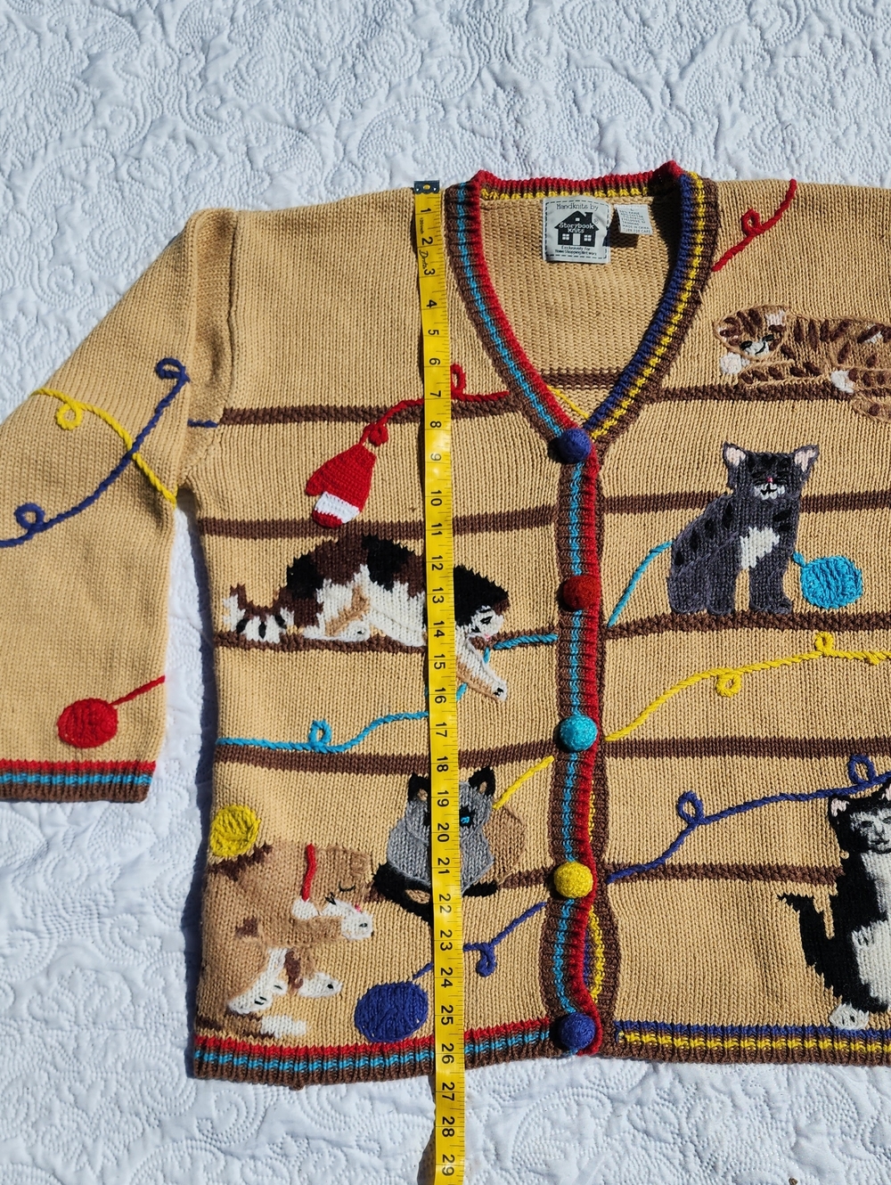 Storybook Knits Beige Cat Embroidered Cardigan with Multicolor Trim - Picture 14 of 16